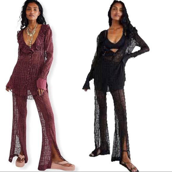 Free People In The Night Lace Shirts size L your choice Burgundy or Black - Picture 1 of 4